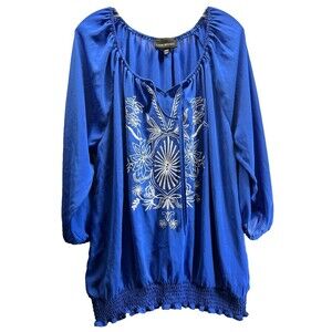 Lane Bryant Royal Blue Peasant Top with White Embroidery Size 18/20